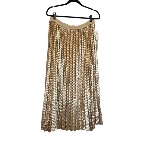 Anthropologie Maeve Natalia Gold Sequin Midi Skirt Pleated A-Line Size 12 NWT - Picture 5 of 15